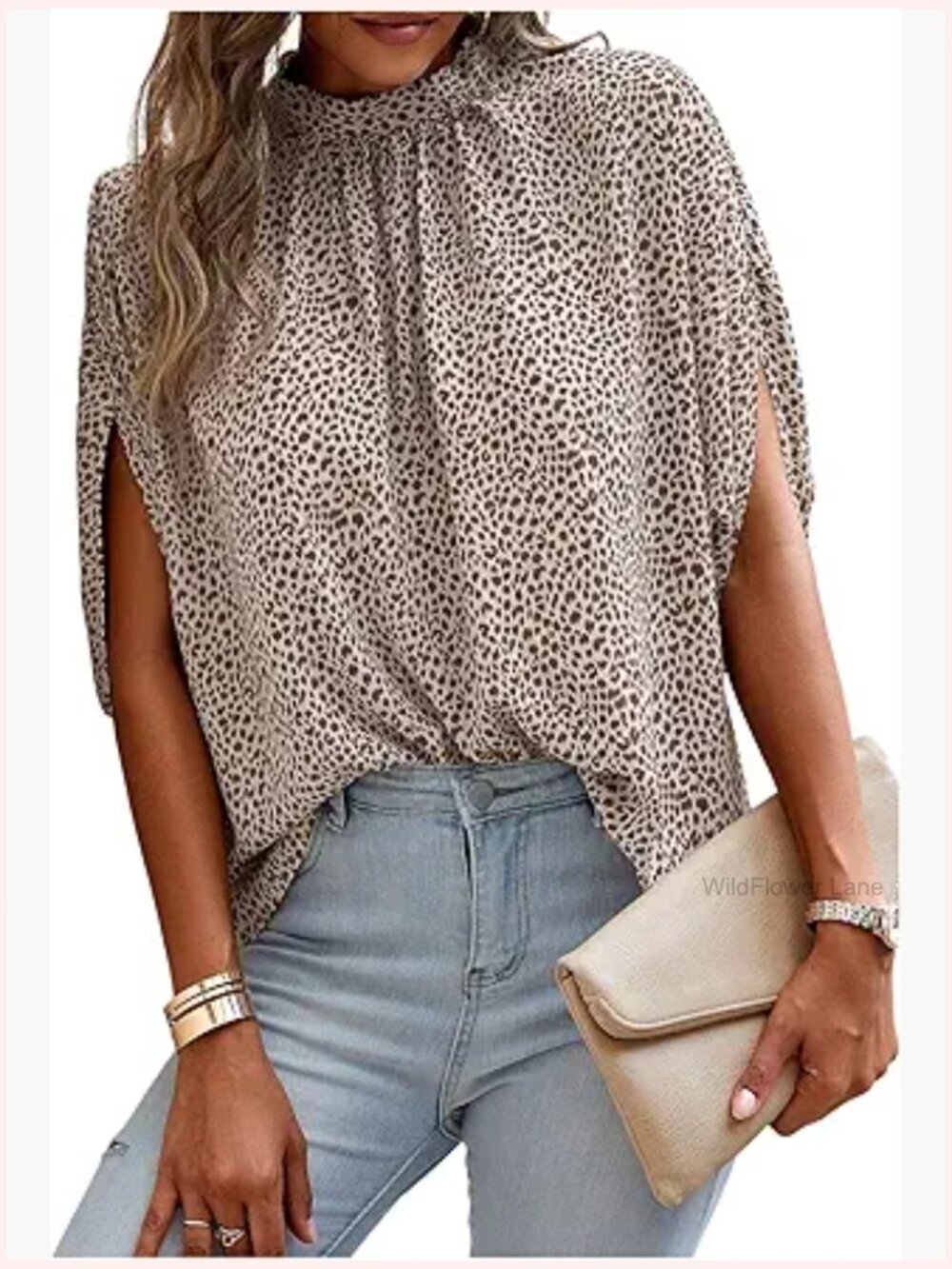 Mock Neck Leopard Print Blouse Tie Back Dolman Sleeve Loose Fit Top